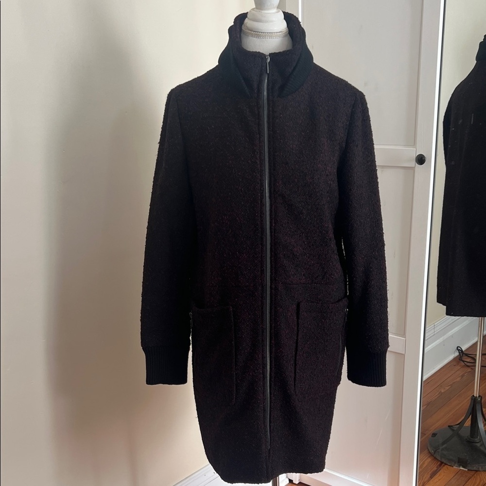 RACHEL Rachel Roy Burgundy/Black Bouclé Funnel Neck Wool Blend Zip Coat Size L